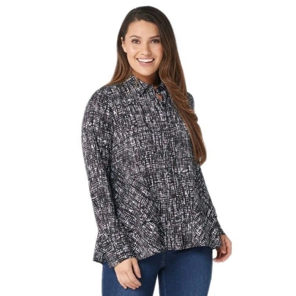 BELLE BY KIM GRAVEL Womens L Abstract Black White Button Long Sleeve Top A369709